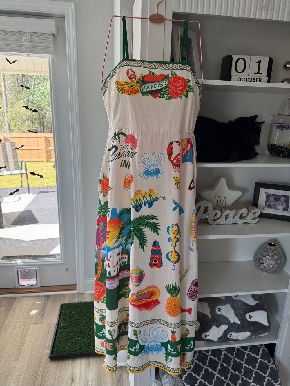 Cream Tropical Maxi Sundress with Green Trim